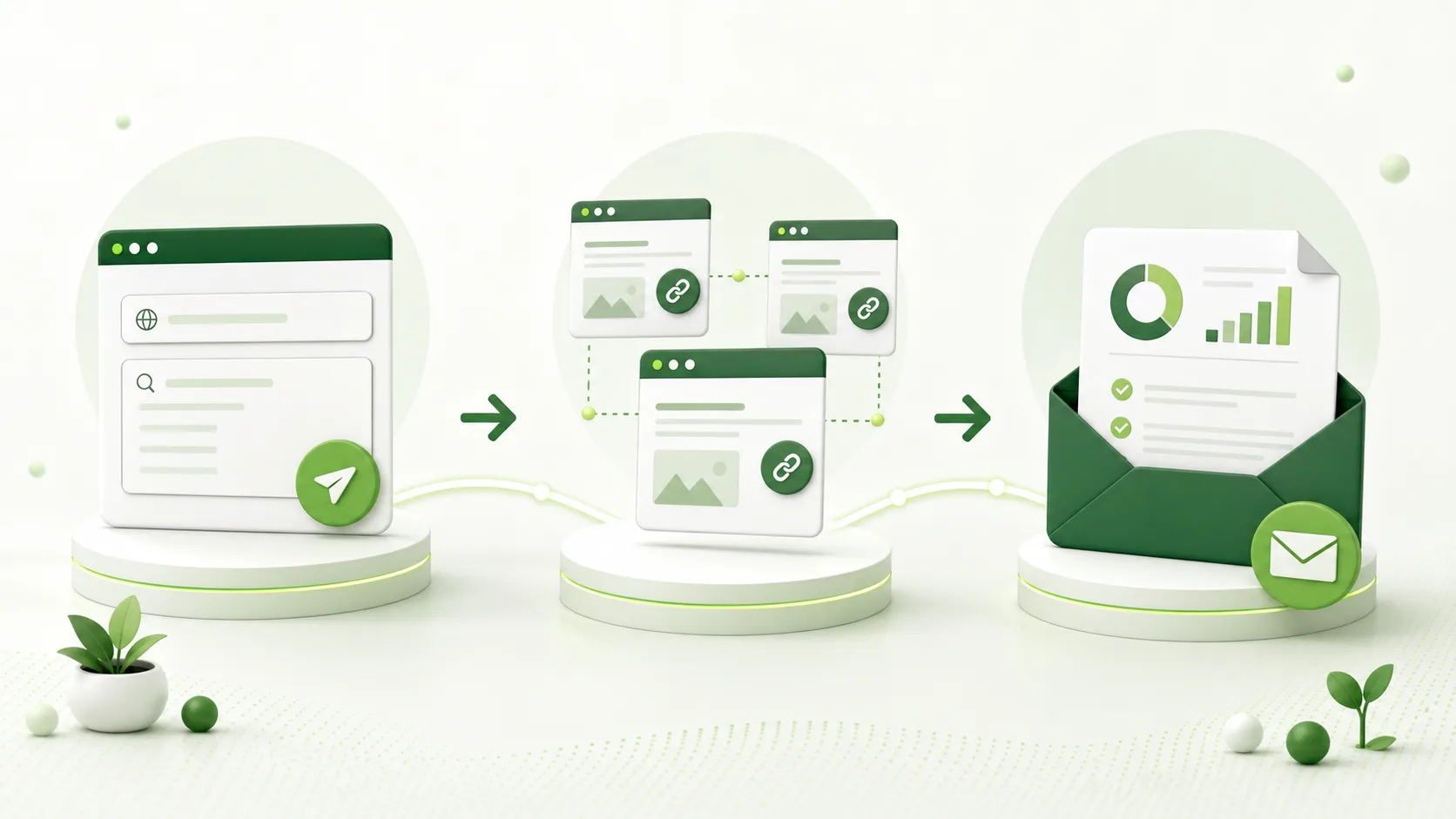 Illustration of the service workflow from site submission to backlink building and email report
